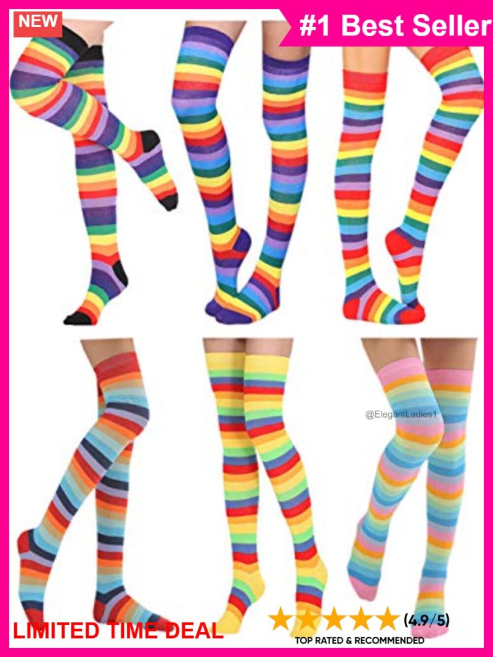 Over Knee High Socks Rainbow Striped Thigh High Stockings 6 Pairs